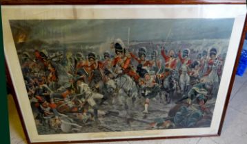 A large colour print of “Scotland Yet on to Victory”, the Scots Greys and Highlanders Charge at