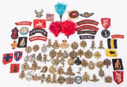 Approximately 50 Corps cap badges (a few worn or AF); approximately 30 cloth titles and patches; 3