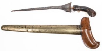 A kris, possibly from Java, straight blade 11”, hardwood handle (ferrule missing), in its brass