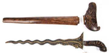 A decorative modern Kris, wavy pamir blade 14" boldly overlaid with a brass dragon headed snake