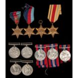 WWII medals: 1939-45 stars (3, 1 with rosette to ribbon) VF and EF; Africa Star EF, Defence