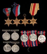 WWII medals: 1939-45 stars (3, 1 with rosette to ribbon) VF and EF; Africa Star EF, Defence