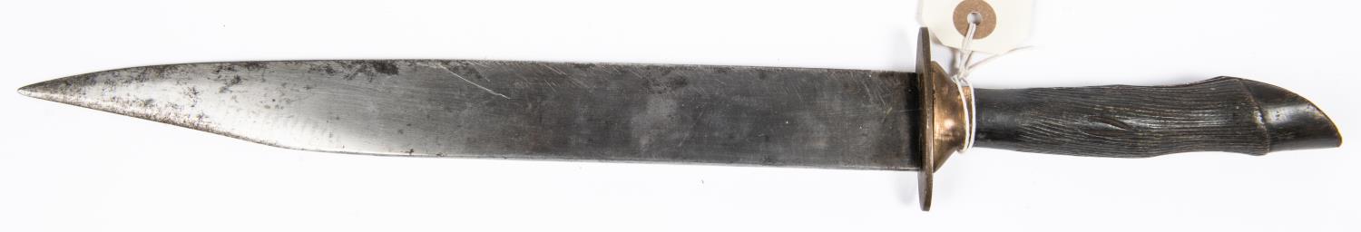 A large 19th Century Hunting knife, Bowie type clipped back blade 11½”, carved wood hilt of goats - Image 3 of 4