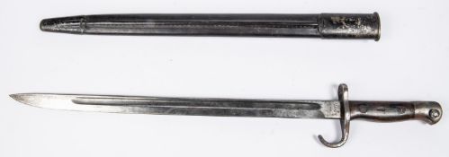 A scarce hooked quillon 1907 pattern bayonet, blade 17” marked “Wilkinson 4.9.11”, pommel stamped “