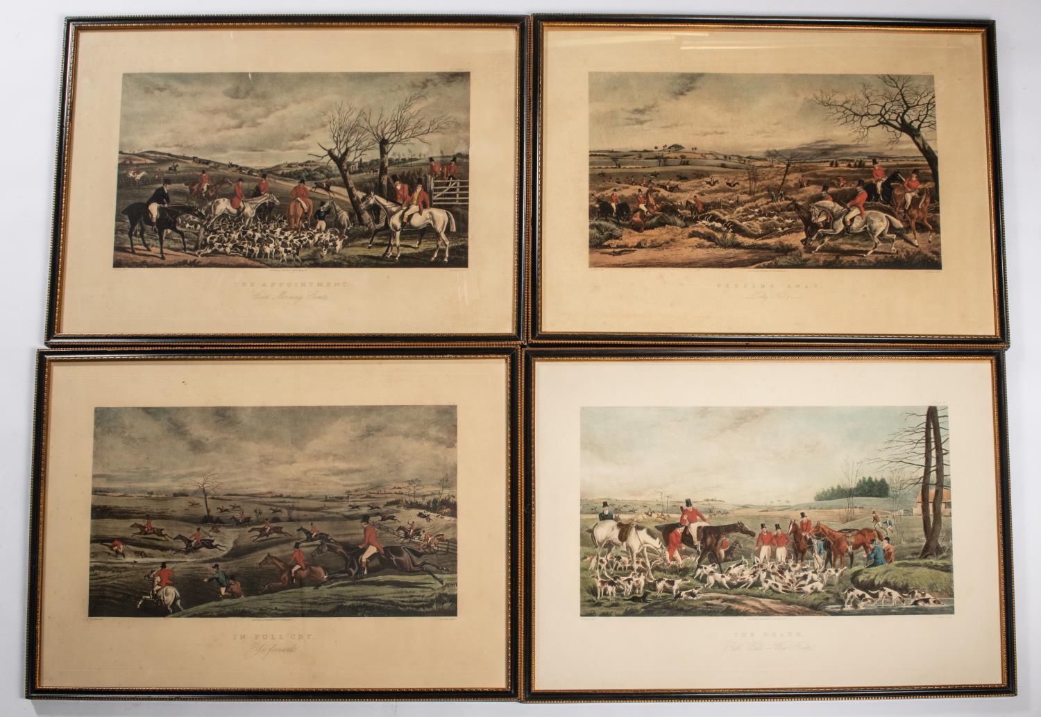 A set of 4 H Alken coloured hunting prints, framed, 26" x 20": "In Full Cry", "Getting Away Tally