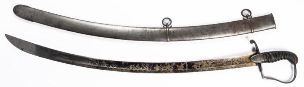 A good 1796 pattern officer's Light Dragoon sword, curved blade 32", blued and gilt for 21", "GR"