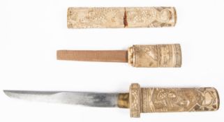 A Japanese carved bone dagger tanto, straight blade 8½” with 4” back edge, the hilt and sheath of
