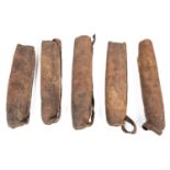 Five small 18th century Indian hide quivers, probably for crossbow bolts, average 9", GC for age (