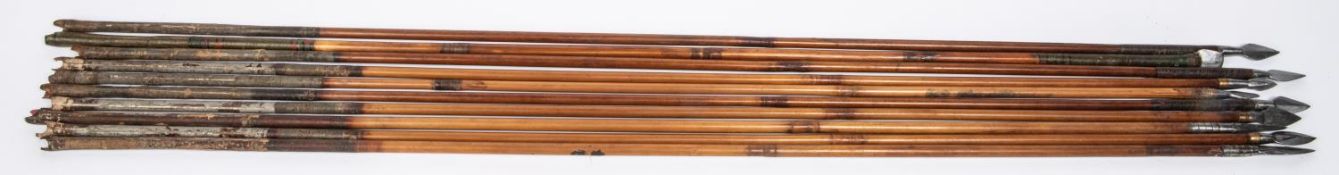 A set of three 18th century Indian arrows, with small plain leaf shaped heads; another, with