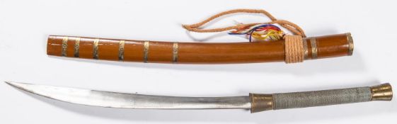 A Burmese dha, curved blade 15", brass mounted hilt with wire bound grip. In its wooden scabbard. GC