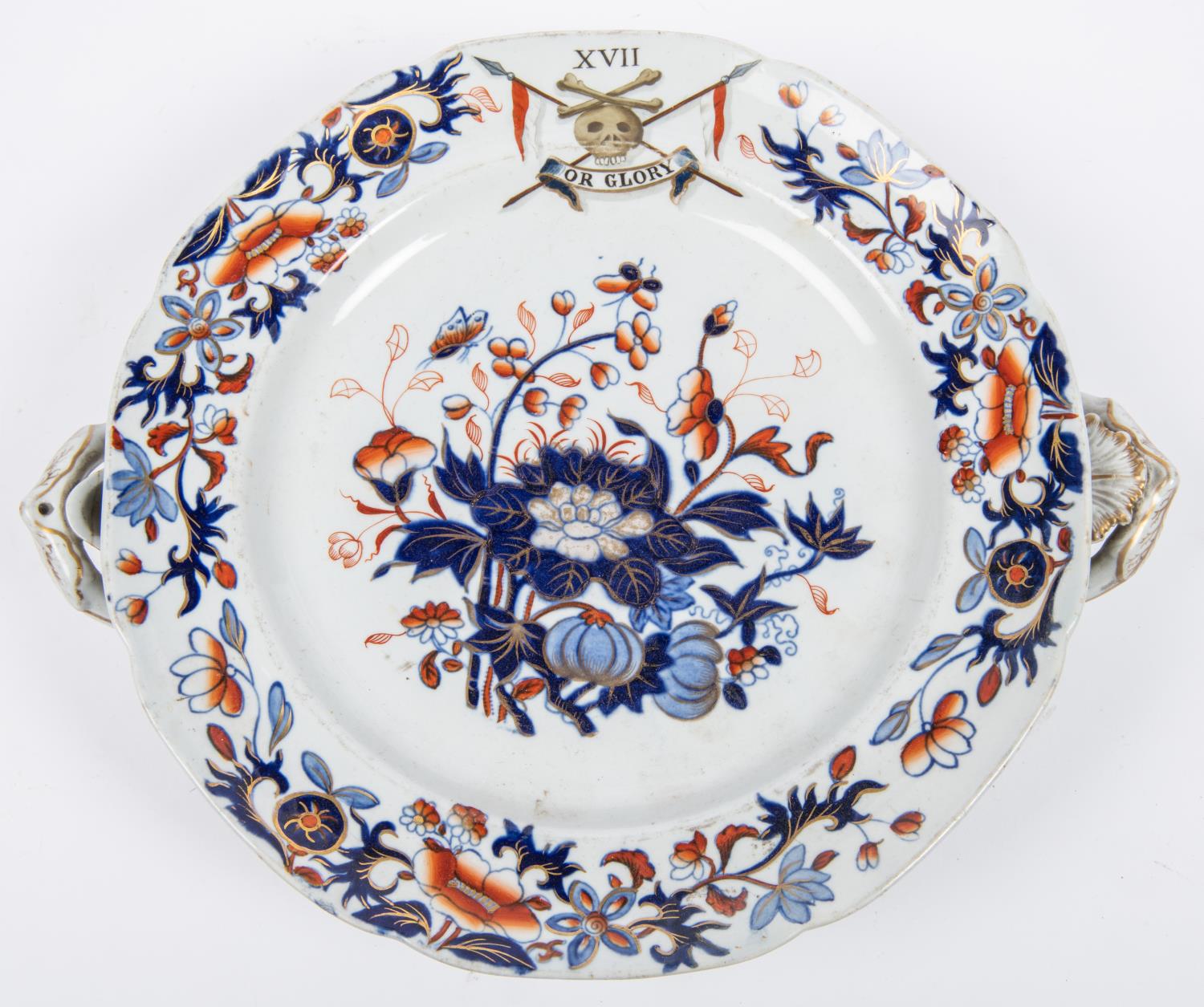 A good Victorian serving plate bearing crest of The 17th Lancers, floral decoration and lower