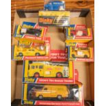 7x Dinky Toys. Airport Fire Rescue Tender (263). Plymouth Yellow Cab (278). London Taxi (284).