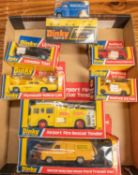 7x Dinky Toys. Airport Fire Rescue Tender (263). Plymouth Yellow Cab (278). London Taxi (284).