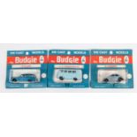 3x Budgie Toys Miniatures. Volkswagen (No.8) in metallic light blue. Volkswagen Micro Bus (No.12) in