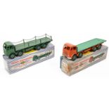 2 Dinky Supertoys Fodens. Foden Flat Truck (902). Orange cab and chassis with green flatbed and