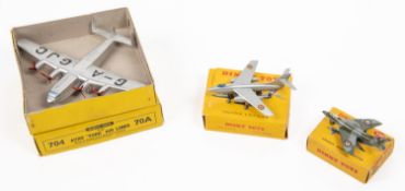 3x Dinky Toys aircraft. An Avro York Air Liner (70A/704) in silver with blue wash cockpit window,