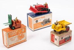 3x Dinky Toys and Supertoys. Dumper Truck (562) in yellow with red metal wheels. Conventry Climax