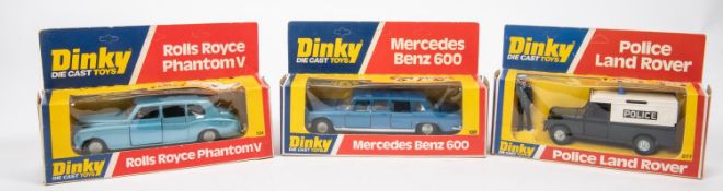 3 late 1970's Dinky Toys. Rolls Royce Phantom V (124) in metallic blue. Mercedes Benz 600 (128) in
