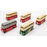 5 Dinky Toys Double Deck Buses. 3 AEC examples and 2 Leylands with Dunlop advertising. Green & Red