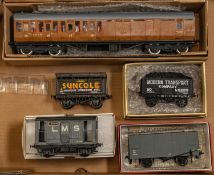 5x O gauge (7mm) items of rolling stock. A kit-built LNER Brake Third bogie coach in teak livery.