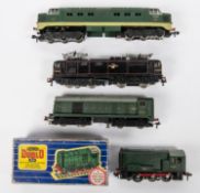 3x Hornby Dublo BR locomotives and a Trix Twin BR loco for 3-rail running. A Class 55 Co-Co diesel