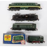 3x Hornby Dublo BR locomotives and a Trix Twin BR loco for 3-rail running. A Class 55 Co-Co diesel