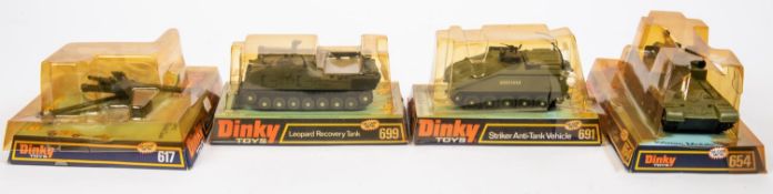 4 Dinky Toys Military Items. Volkswagen KDF & 50mm PAK Anti-Tank Gun (617), Volkswagen missing. Plus