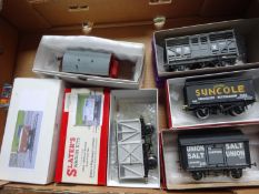 6x O gauge freight wagons by Slaters and Parkside, etc. Including; an SR 25-ton goods brake van. LMS