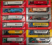 12 Herpa 1:87 Scale Trucks. 5x Mercedes Benz Actros- Oppel, 2x Willi Betz including a tanker.