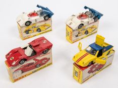 4x Dinky Toys. 2x McLaren M8A Can Am (223) both in blue and white. A Lotus Europa (218) in yellow