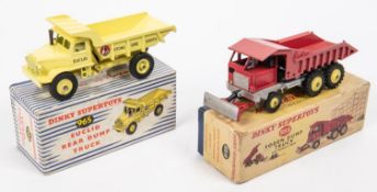 2 Dinky Toys. Euclid Rear Dump Truck (965). In yellow with yellow wheels with red Euclid logo.