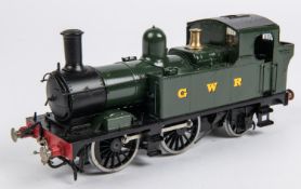 An O gauge GWR Class 14xx 0-4-2T locomotive for 2-rail running. Built from a white metal Scorpio Kit