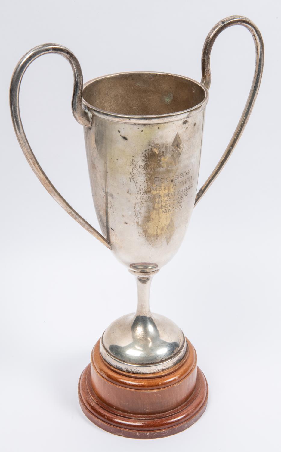 A Third Reich silver plated prize cup, engraved with Hitler Youth badges and on one side "Herrn - Image 3 of 4