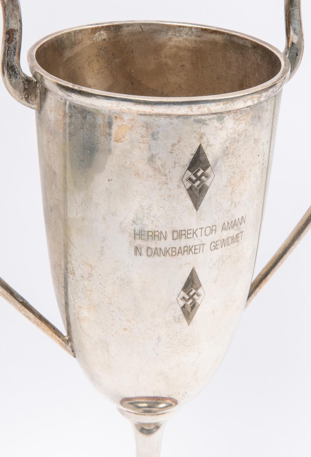 A Third Reich silver plated prize cup, engraved with Hitler Youth badges and on one side "Herrn - Image 2 of 4