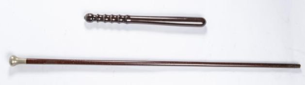 A Victorian gentleman's cane, 36" with white metal top and brass ferrule; also a police hardwood