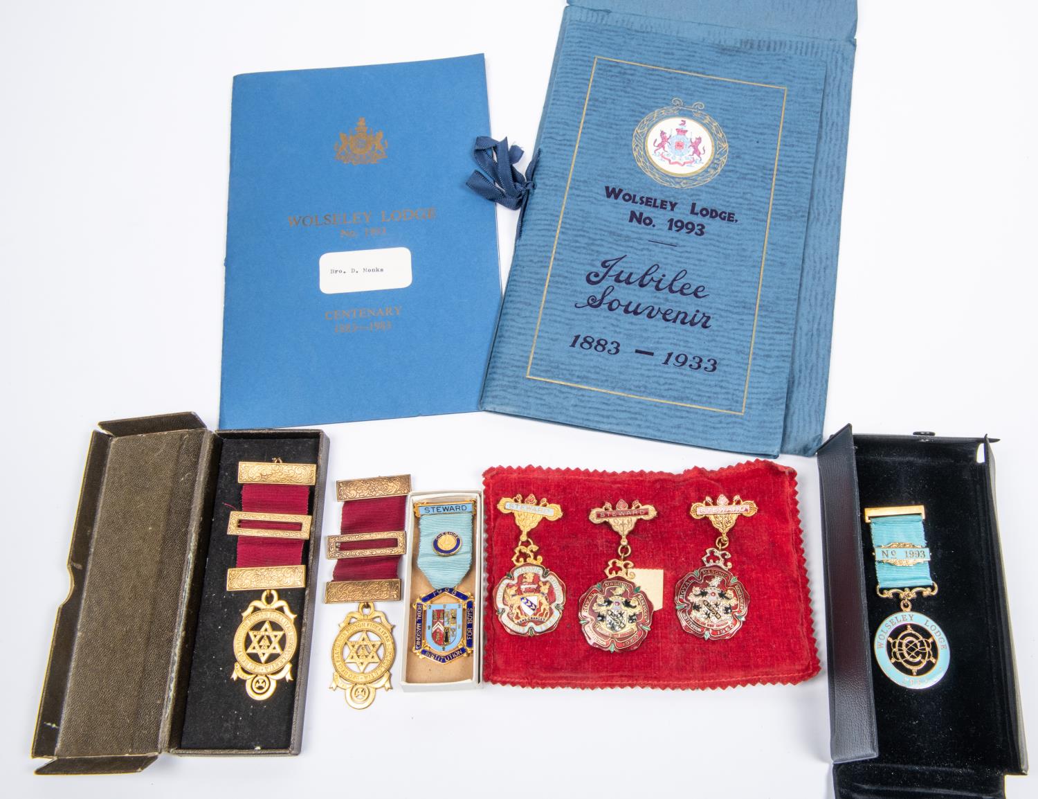 2 gilt Masonic medals, 4 gilt and enamel Steward's jewels; a gilt Masonic Centenary jewel 1983 and