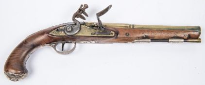 A late 18th century 24 bore silver mounted brass barrelled flintlock holster pistol, 13½" overall,