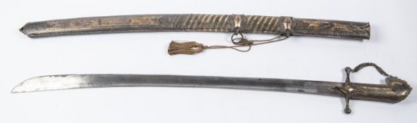 A good 18th/19th century Arab Nimcha, plain slightly curved blade 30½" with wide shallow fullers,