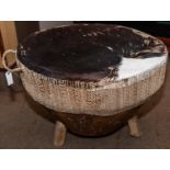 An impressive Zulu drum, 23" high, 30" diameter, wooden body covered in cow skin. GC £30-40