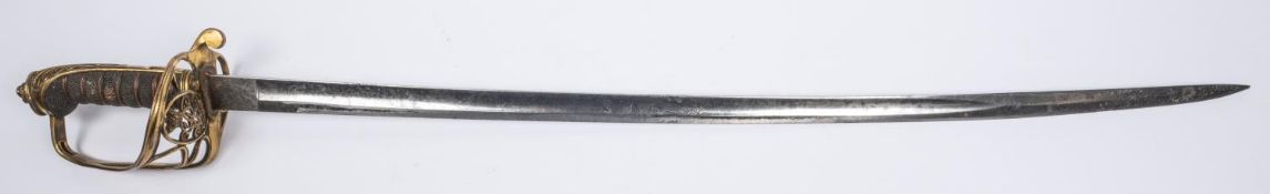 A Victorian 1845 pattern Infantry officer's sword, etched blade 32", by Lambert Brown & Co, Dublin &