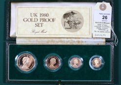 Elizabeth II UK gold proof set of coins 1980, comprising £5, £2, Sovereign and half Sovereign. B.