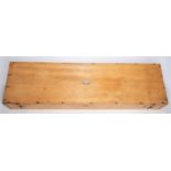 A well made wooden box, 41" x 11" x 5½", with hinged lid, lock (no key), 2 brass catches and green