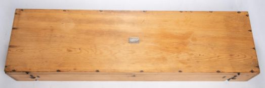 A well made wooden box, 41" x 11" x 5½", with hinged lid, lock (no key), 2 brass catches and green