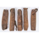 Five small 18th century Indian hide quivers, probably for crossbow bolts, average 9", GC for age (