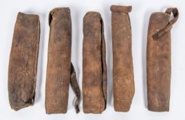 Five small 18th century Indian hide quivers, probably for crossbow bolts, average 9", GC for age (