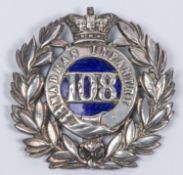 A pre 1881 silver badge of the 108th Madras Infantry, with blue enamel backing to the centre, and