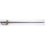 A good English officer's broadsword, c 1680, flamboyant blade 32½" of hollow ground diamond section,
