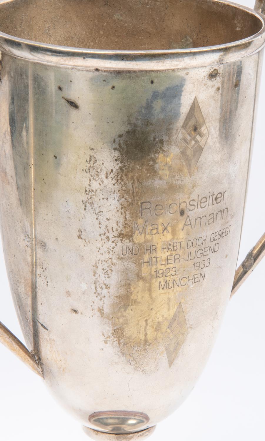 A Third Reich silver plated prize cup, engraved with Hitler Youth badges and on one side "Herrn - Image 4 of 4