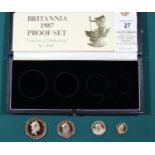 Britannia gold proof set of coins 1987 comprising £100, £50, £25, and £10 (being One ounce, ½ ounce,