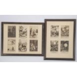 A pair of framed displays 18" x 14" comprising 10 Bruce Bairnsfather WWI "Old Bill" sepia postcards.